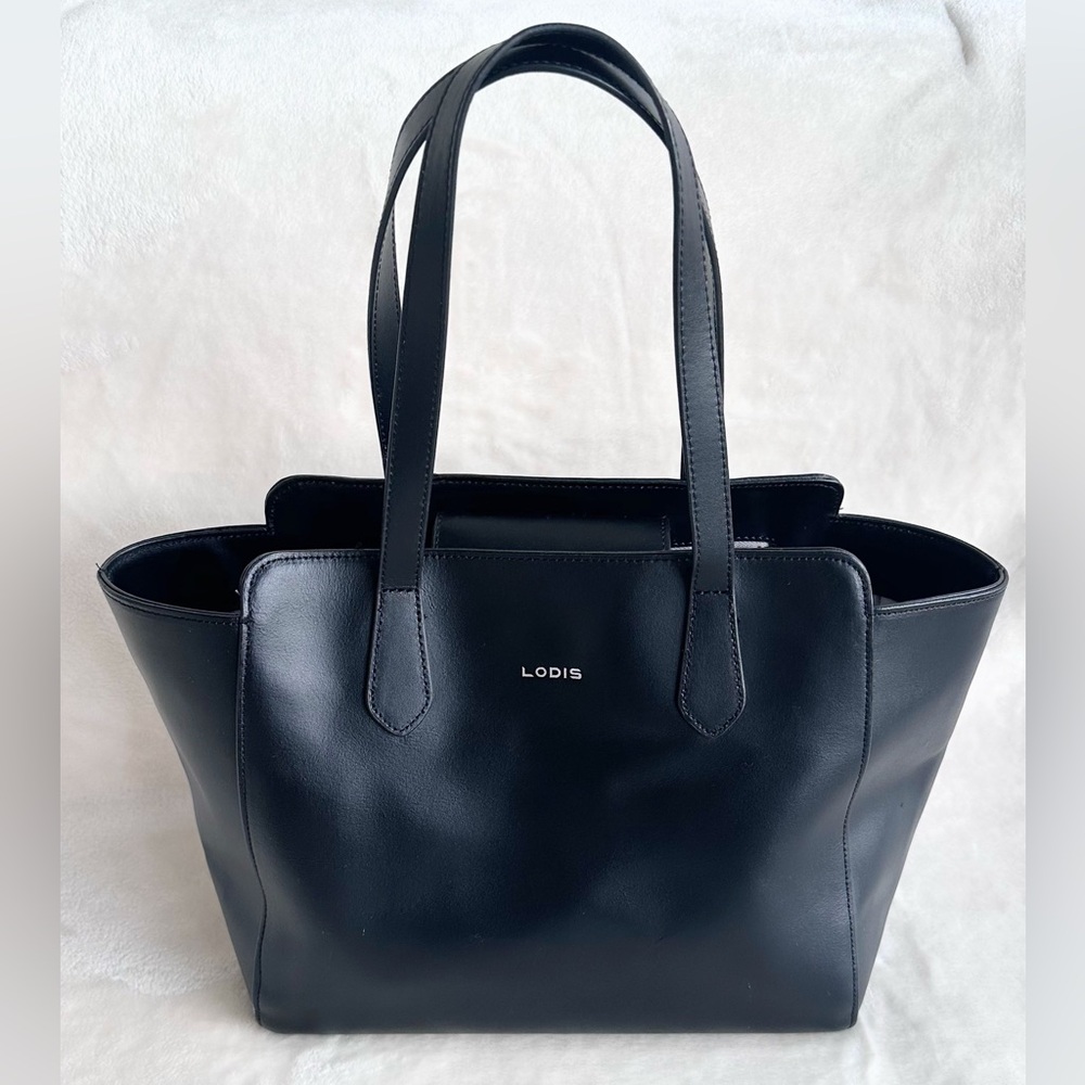 Lodis Black Soft Leather Tote Bag with Zigzag Lining